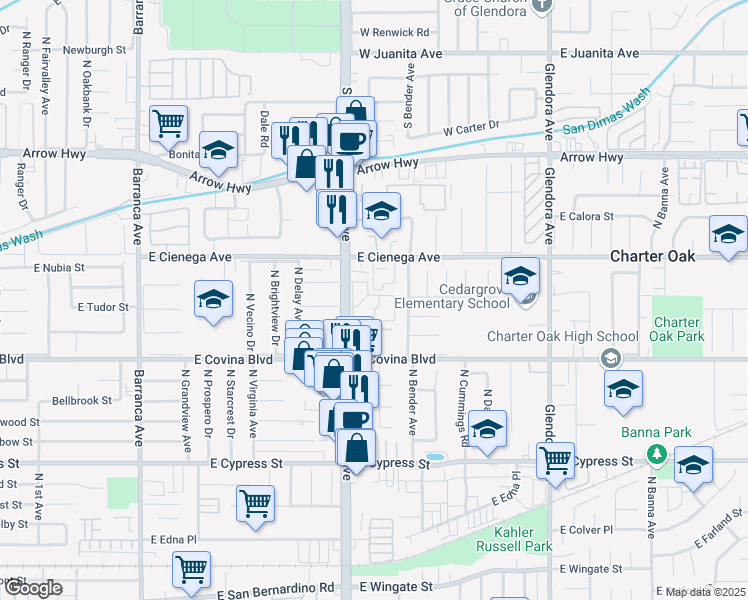 map of restaurants, bars, coffee shops, grocery stores, and more near 4900 North Grand Avenue in Covina