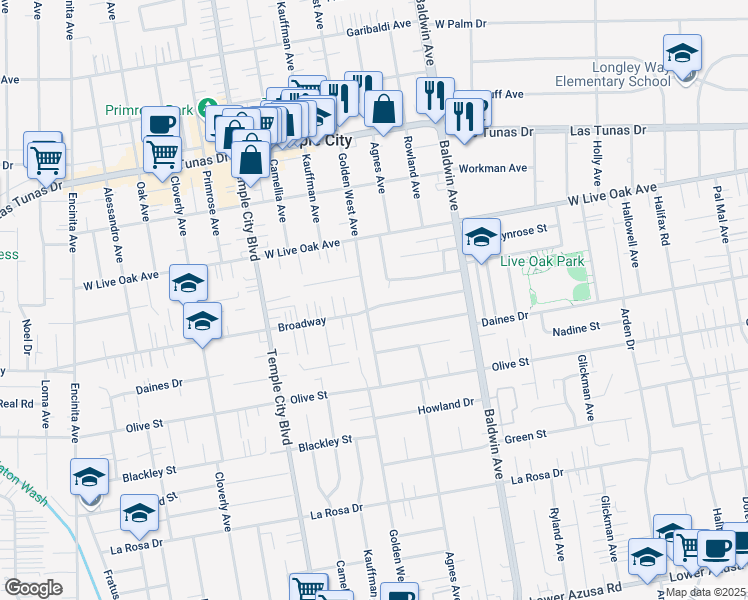 map of restaurants, bars, coffee shops, grocery stores, and more near 9811 Broadway in Temple City