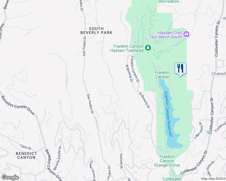 map of restaurants, bars, coffee shops, grocery stores, and more near 1705 Summitridge Drive in Beverly Hills