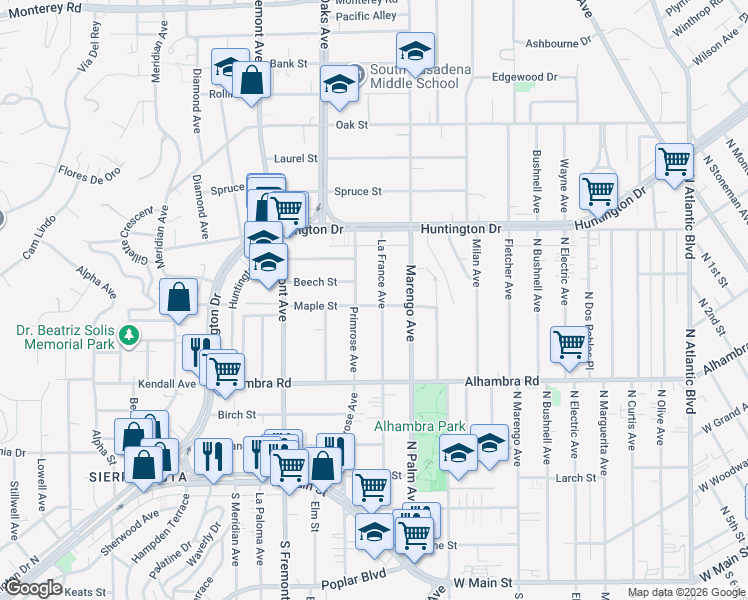 map of restaurants, bars, coffee shops, grocery stores, and more near 1967 La France Avenue in South Pasadena
