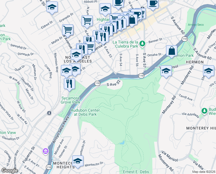 map of restaurants, bars, coffee shops, grocery stores, and more near 383 South Avenue 52 in Los Angeles