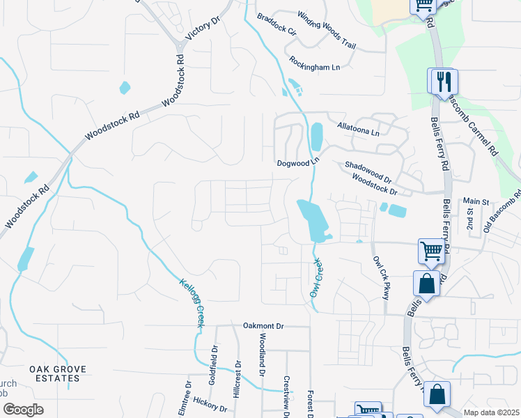 map of restaurants, bars, coffee shops, grocery stores, and more near 512 Aberdeen Meadow Lane in Acworth