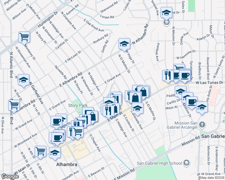 map of restaurants, bars, coffee shops, grocery stores, and more near 200 North Cordova Street in Alhambra