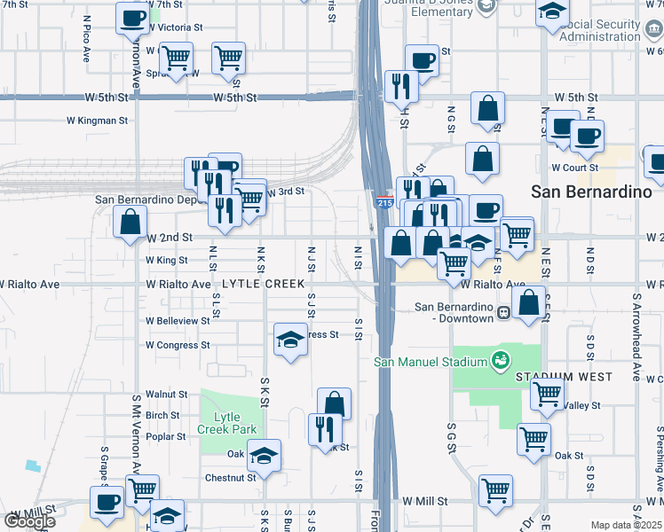 map of restaurants, bars, coffee shops, grocery stores, and more near 980 West Rialto Avenue in San Bernardino