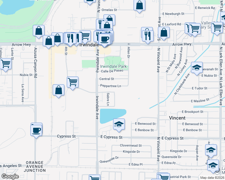 map of restaurants, bars, coffee shops, grocery stores, and more near 16067 Martinez Street in Irwindale