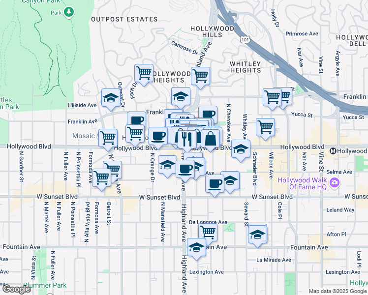 map of restaurants, bars, coffee shops, grocery stores, and more near 6801 Hollywood Boulevard in Los Angeles