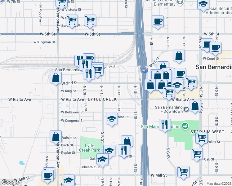 map of restaurants, bars, coffee shops, grocery stores, and more near in San Bernardino