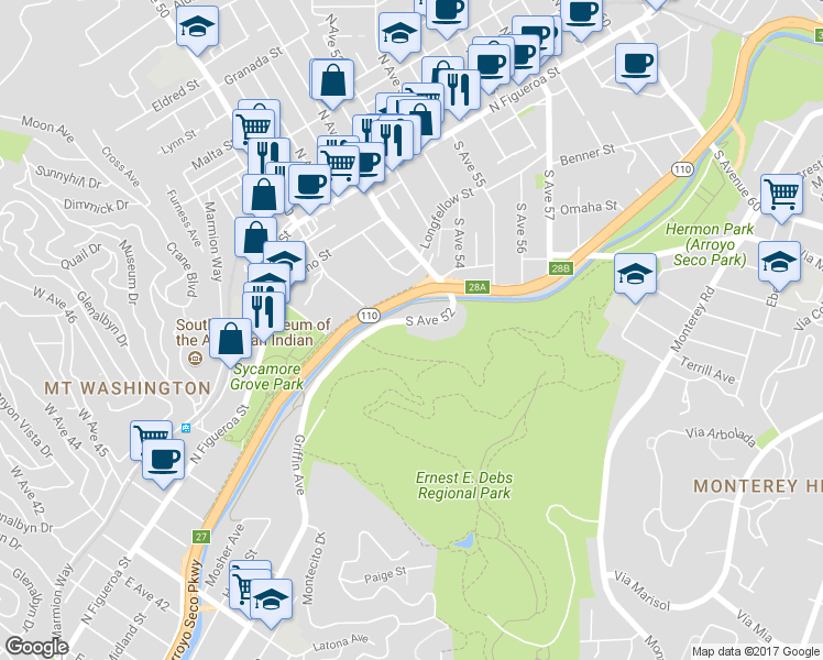 map of restaurants, bars, coffee shops, grocery stores, and more near 383 South Avenue 52 in Los Angeles