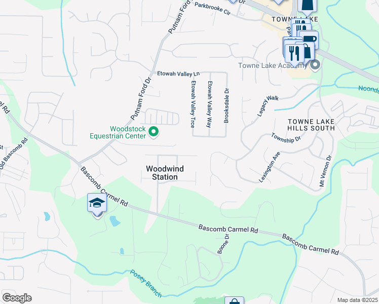 map of restaurants, bars, coffee shops, grocery stores, and more near 708 Wind Song Trce in Woodstock