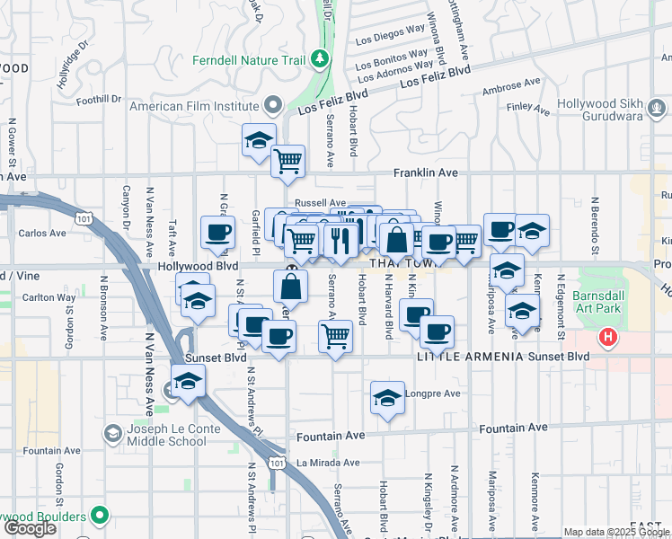 map of restaurants, bars, coffee shops, grocery stores, and more near 1635 North Hobart Boulevard in Los Angeles