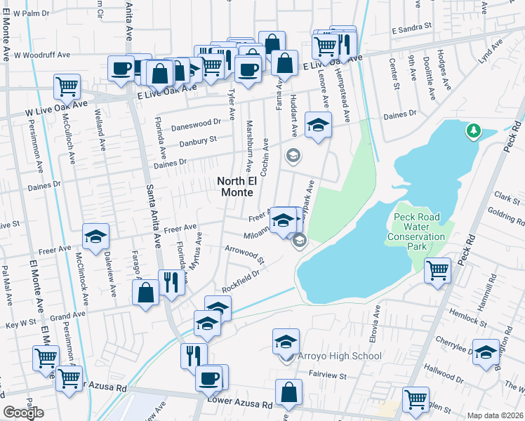 map of restaurants, bars, coffee shops, grocery stores, and more near 5302 Cochin Avenue in Arcadia