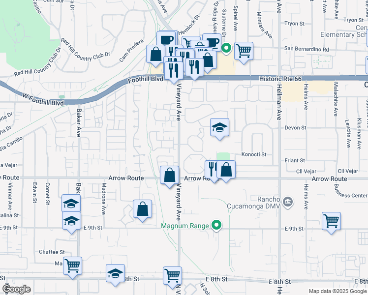 map of restaurants, bars, coffee shops, grocery stores, and more near 8333 Vineyard Avenue in Rancho Cucamonga