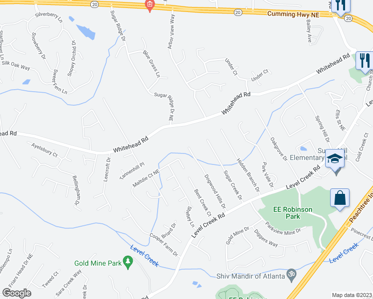 map of restaurants, bars, coffee shops, grocery stores, and more near 5104 Dogwood Hills Drive in Sugar Hill