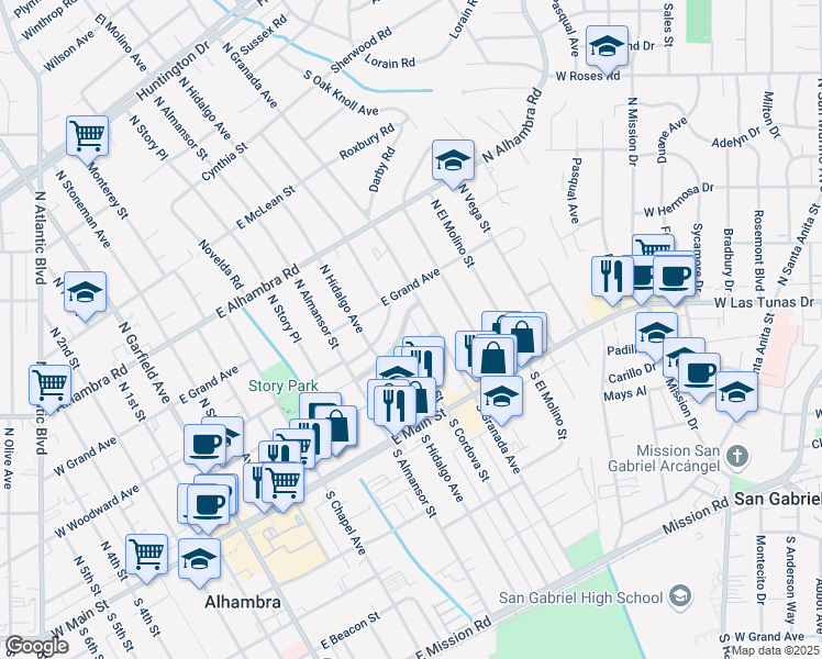 map of restaurants, bars, coffee shops, grocery stores, and more near 200 North Cordova Street in Alhambra
