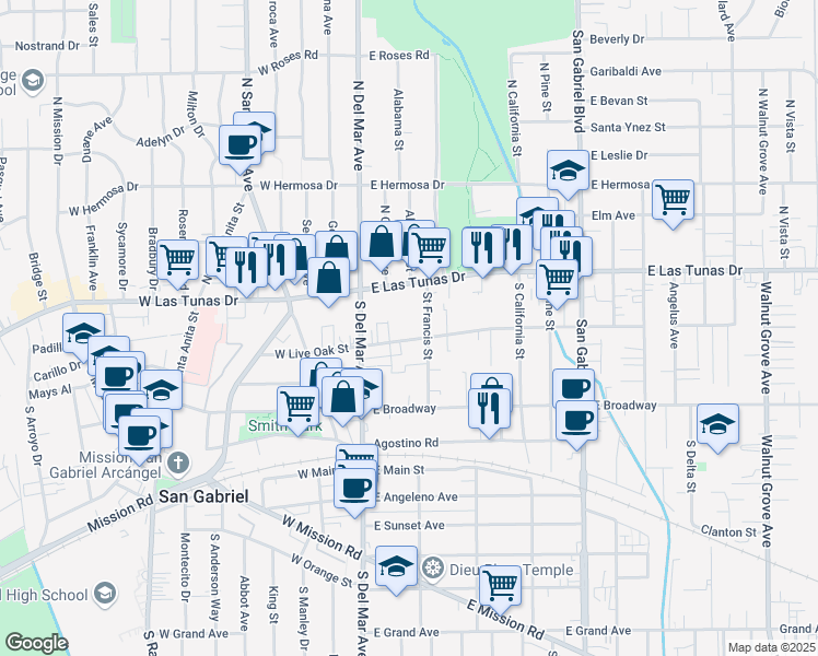 map of restaurants, bars, coffee shops, grocery stores, and more near 209 East Live Oak Street in San Gabriel