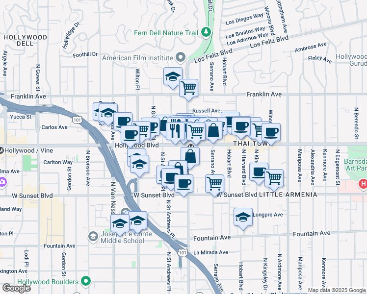 map of restaurants, bars, coffee shops, grocery stores, and more near 5508 Hollywood Boulevard in Los Angeles