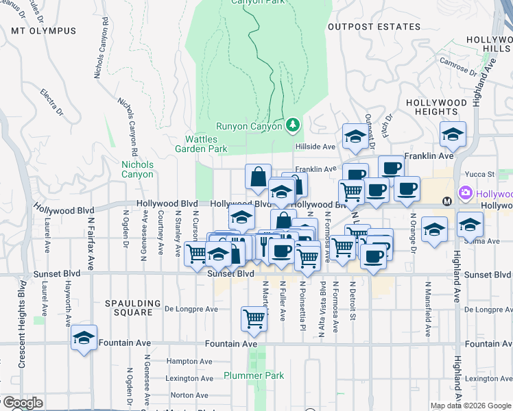 map of restaurants, bars, coffee shops, grocery stores, and more near 1636 North Vista Street in Los Angeles