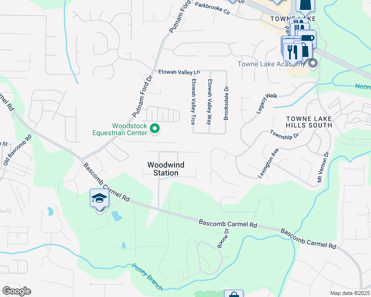 map of restaurants, bars, coffee shops, grocery stores, and more near 710 Wind Song Trce in Woodstock