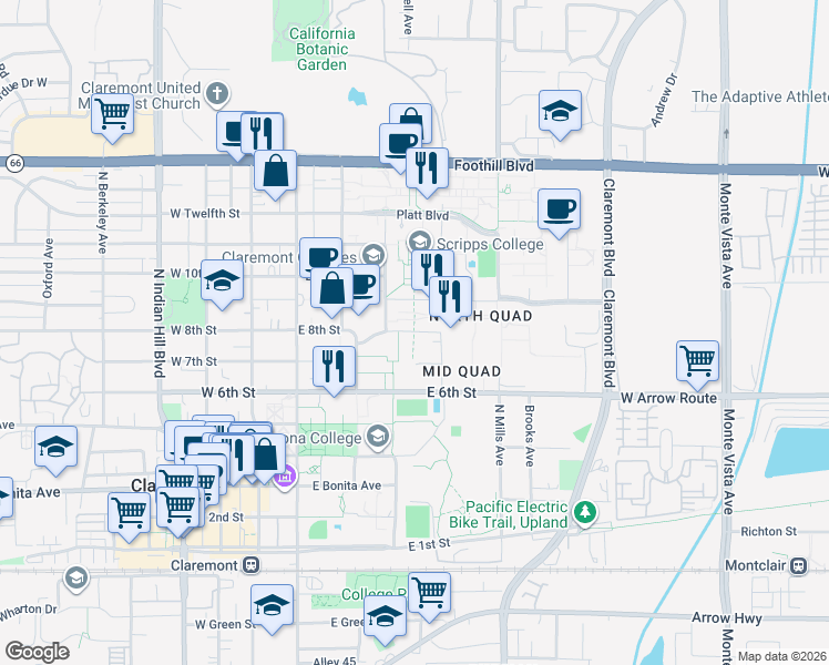 map of restaurants, bars, coffee shops, grocery stores, and more near 348 East 8th Street in Claremont