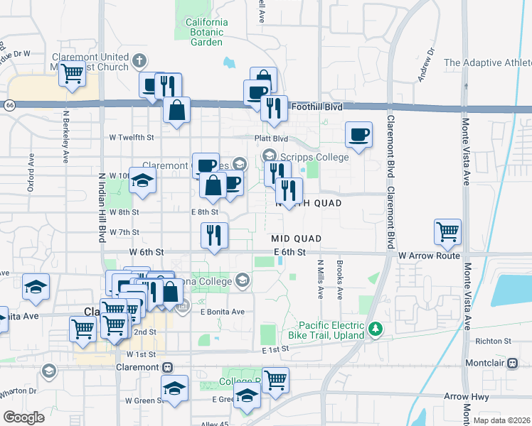 map of restaurants, bars, coffee shops, grocery stores, and more near 348 East 8th Street in Claremont