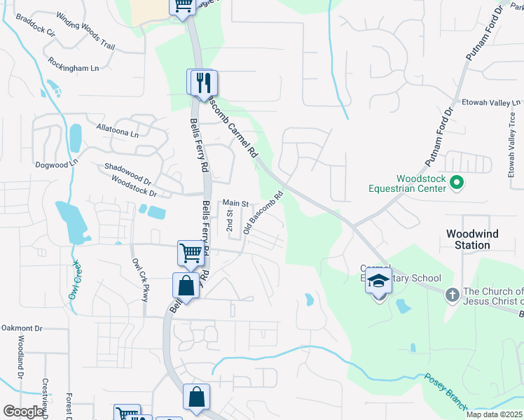 map of restaurants, bars, coffee shops, grocery stores, and more near 6038 Old Bascomb Road in Acworth