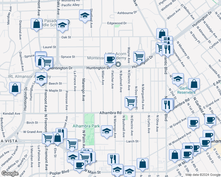 map of restaurants, bars, coffee shops, grocery stores, and more near 1969 Fletcher Avenue in South Pasadena
