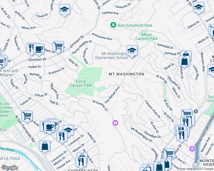 map of restaurants, bars, coffee shops, grocery stores, and more near 805 Mount Washington Drive in Los Angeles
