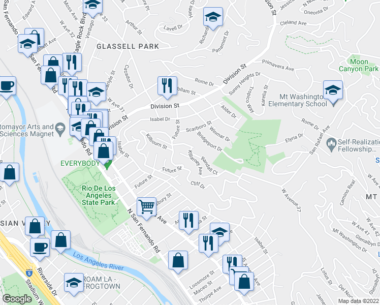 map of restaurants, bars, coffee shops, grocery stores, and more near Killarney Ave & Randall Ct in Los Angeles