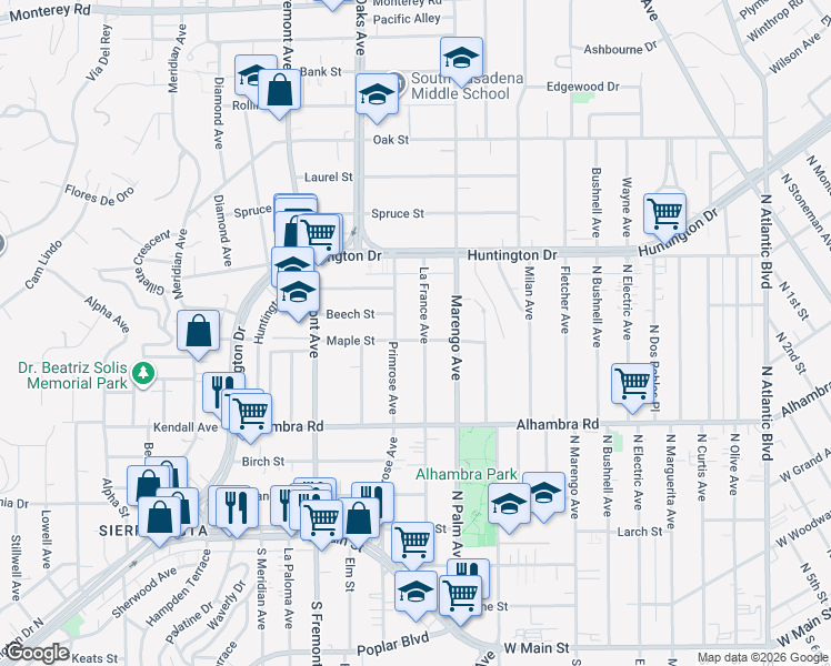 map of restaurants, bars, coffee shops, grocery stores, and more near 1967 La France Avenue in South Pasadena