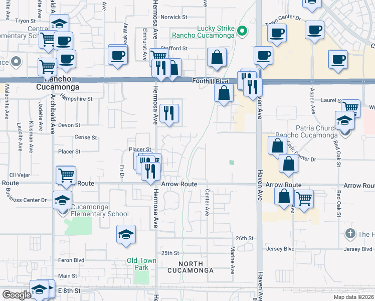 map of restaurants, bars, coffee shops, grocery stores, and more near 10244 Arrow Route in Rancho Cucamonga