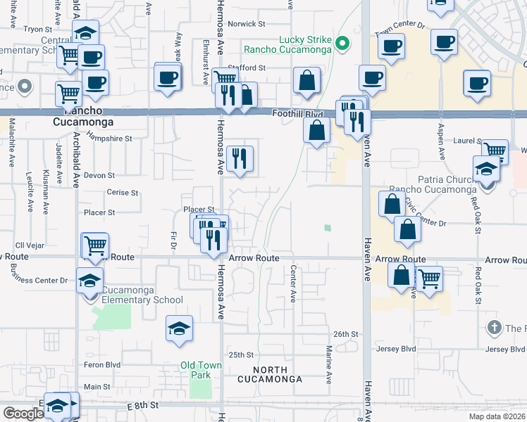 map of restaurants, bars, coffee shops, grocery stores, and more near 10244 Arrow Route in Rancho Cucamonga