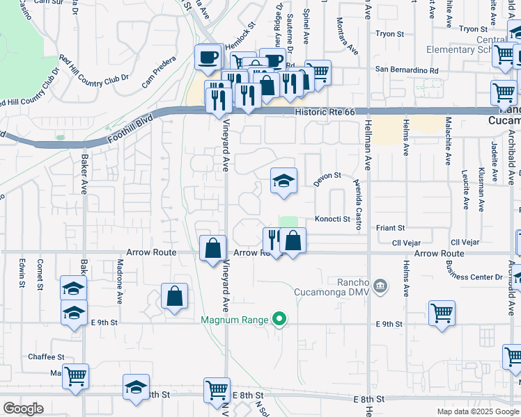 map of restaurants, bars, coffee shops, grocery stores, and more near 8323 Vineyard Avenue in Rancho Cucamonga