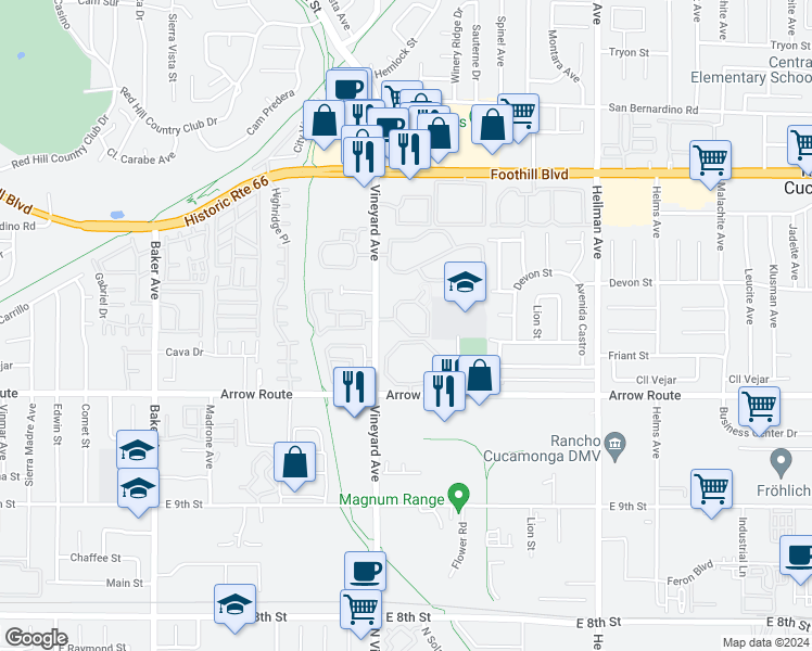 map of restaurants, bars, coffee shops, grocery stores, and more near 8405 Vineyard Avenue in Rancho Cucamonga