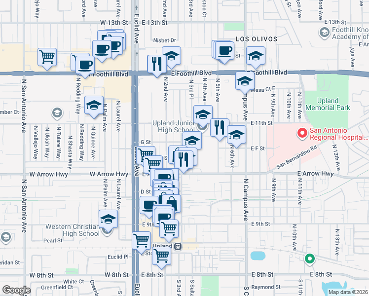 map of restaurants, bars, coffee shops, grocery stores, and more near 640 North 3rd Avenue in Upland