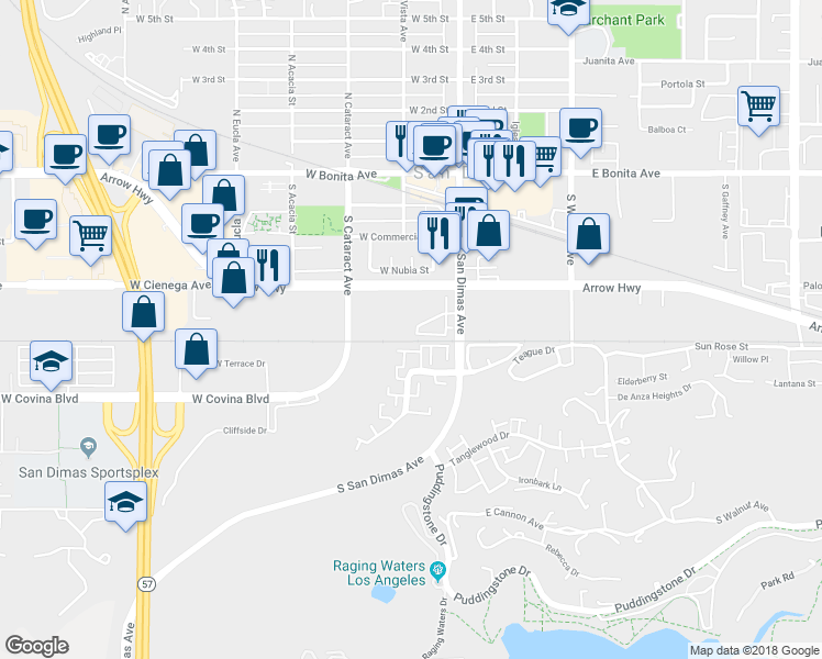 map of restaurants, bars, coffee shops, grocery stores, and more near 503 San Antonio Road in San Dimas