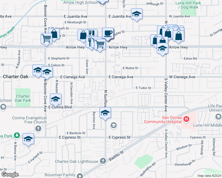 map of restaurants, bars, coffee shops, grocery stores, and more near 1184 North Sunflower Avenue in Covina