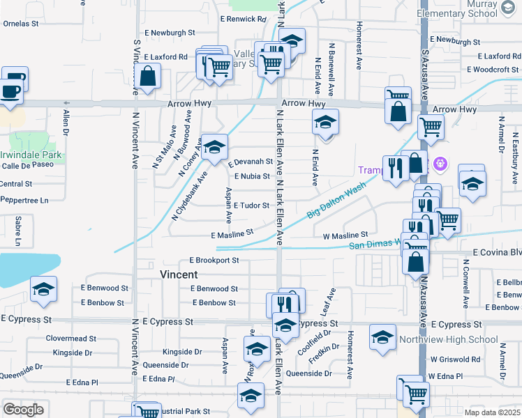 map of restaurants, bars, coffee shops, grocery stores, and more near 4909 North Roxburgh Avenue in Covina