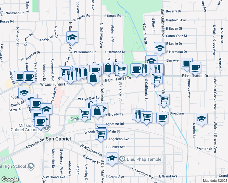 map of restaurants, bars, coffee shops, grocery stores, and more near 202 East Live Oak Street in San Gabriel