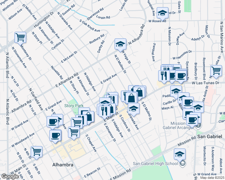 map of restaurants, bars, coffee shops, grocery stores, and more near 816 Lindaraxa Park South in Alhambra