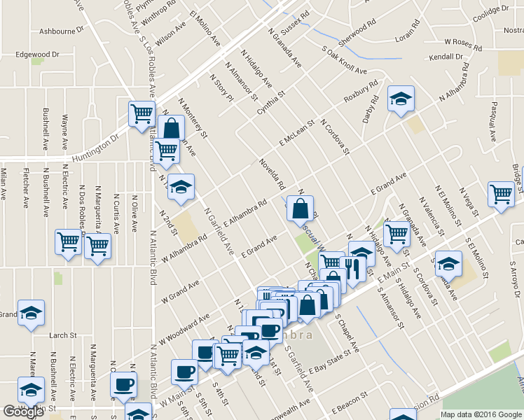 map of restaurants, bars, coffee shops, grocery stores, and more near 424 North Monterey Street in Alhambra