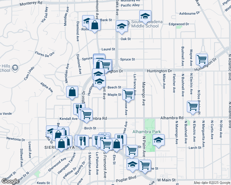 map of restaurants, bars, coffee shops, grocery stores, and more near 2009 Fair Oaks Avenue in South Pasadena