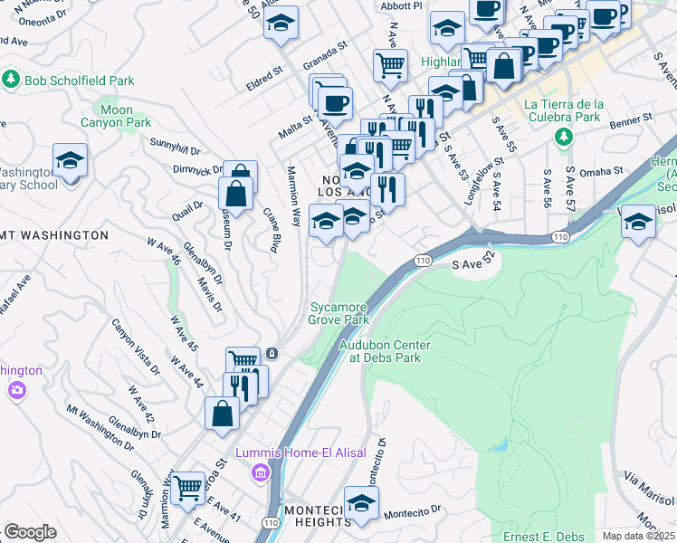 map of restaurants, bars, coffee shops, grocery stores, and more near 4725 North Figueroa Street in Los Angeles