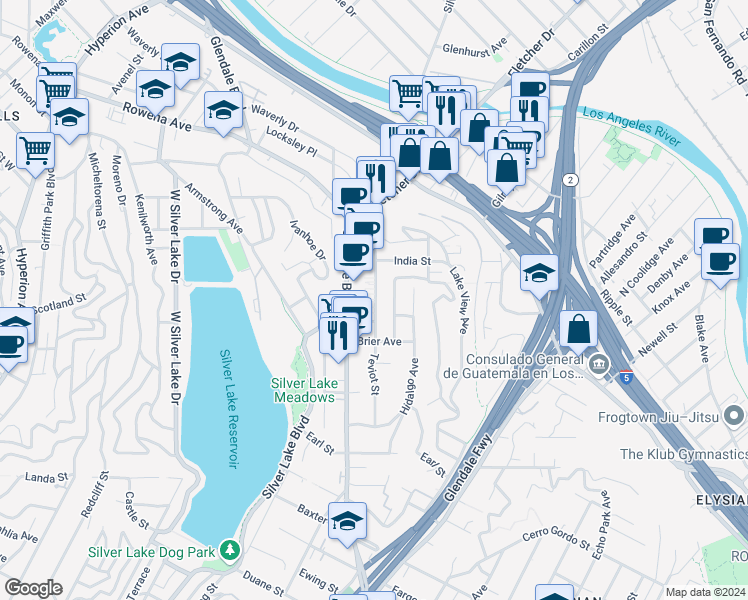 map of restaurants, bars, coffee shops, grocery stores, and more near 2421 Silver Lake Boulevard in Los Angeles
