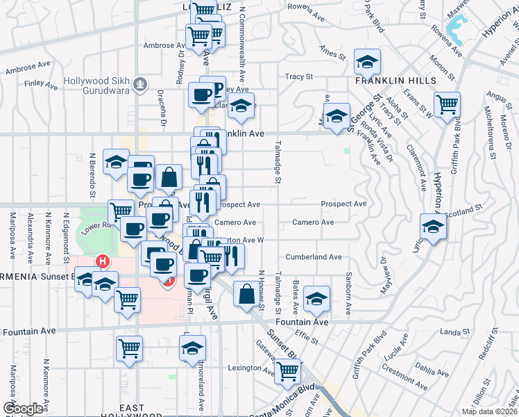 map of restaurants, bars, coffee shops, grocery stores, and more near 4353 Camero Avenue in Los Angeles