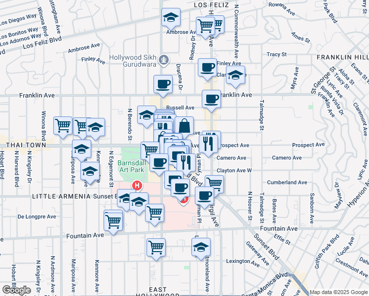 map of restaurants, bars, coffee shops, grocery stores, and more near 1645 Rodney Drive in Los Angeles