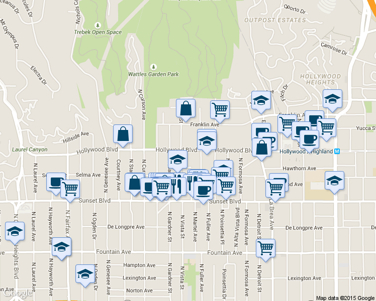 map of restaurants, bars, coffee shops, grocery stores, and more near 1636 North Vista Street in Los Angeles