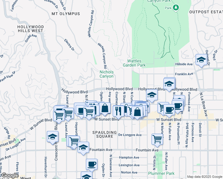 map of restaurants, bars, coffee shops, grocery stores, and more near 1635 Courtney Avenue in Los Angeles