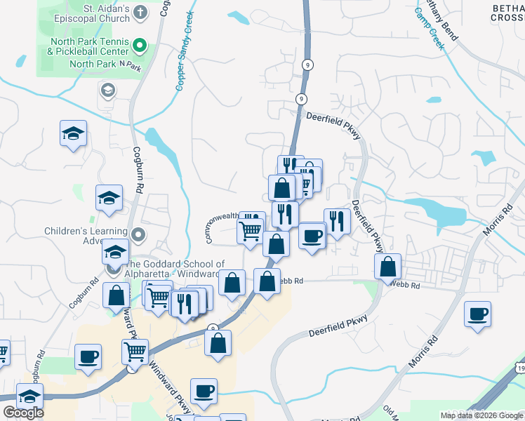 map of restaurants, bars, coffee shops, grocery stores, and more near 2980 Commonwealth Circle in Alpharetta
