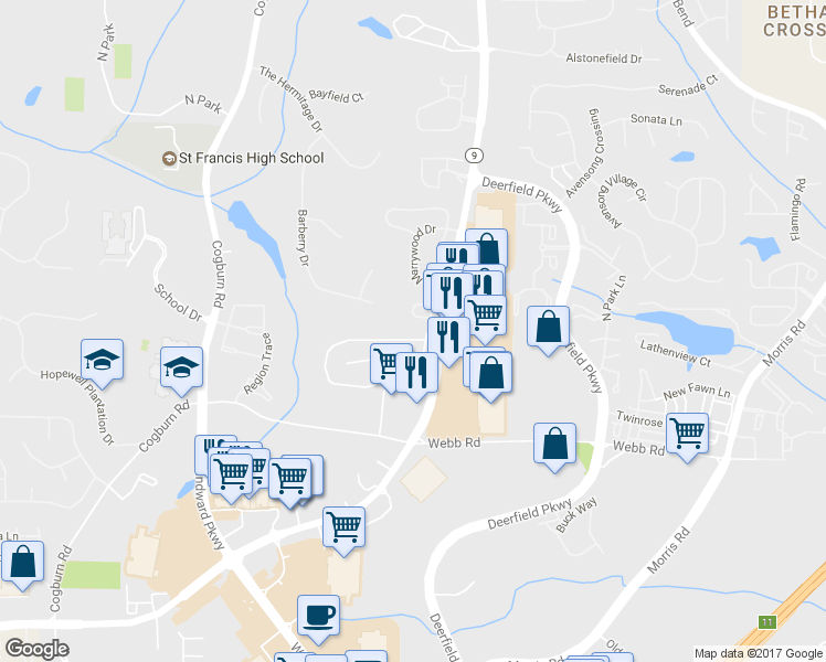 map of restaurants, bars, coffee shops, grocery stores, and more near 2980 Commonwealth Cir in Alpharetta
