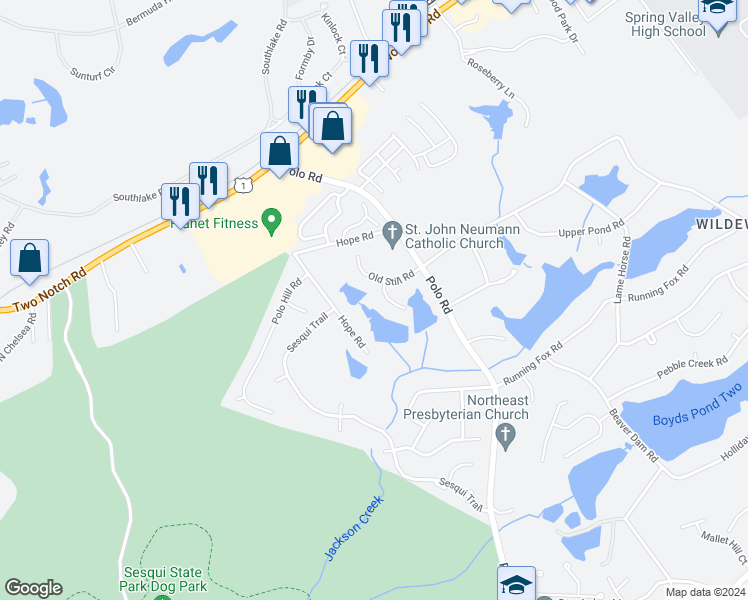 map of restaurants, bars, coffee shops, grocery stores, and more near 5 Charley Horse Road in Columbia